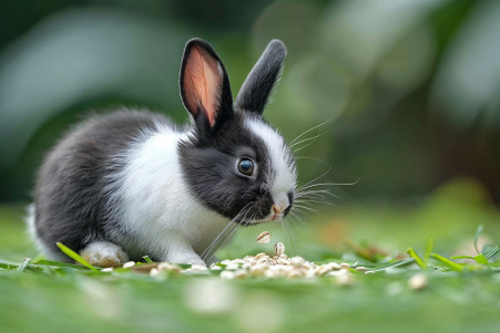 A small Dutch rabbit with a black and white coat sniffing a handful of oats on the ground in a grassy outdoor setting