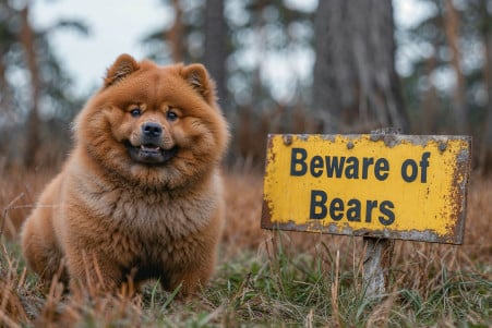 Chow Chow with a bear-like reddish-brown coat standing beside a 'Beware of Bears' sign in a grassy field
