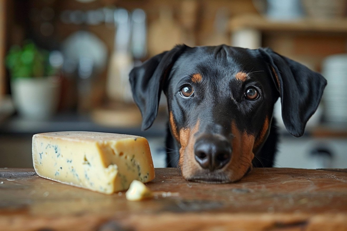 Doberman Pinscher dog curiously inspecting a slice of white pepper jack cheese on a table in a cozy home setting