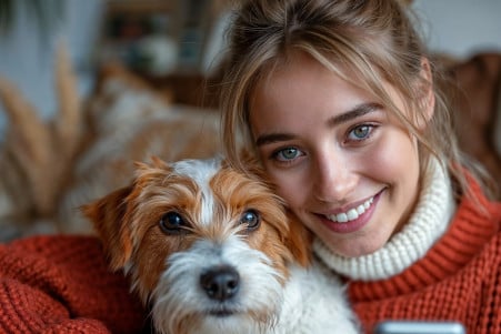Smiling woman holding her pet dog while both look at a smartphone, seated in a warm, cozy living room