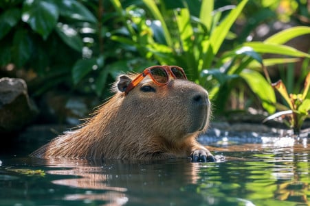 Capybara lounging by the water's edge with sunglasses, amid tropical foliage, reflecting a tranquil atmosphere