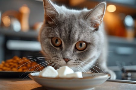 Silver shaded British Shorthair cat sniffing a marshmallow with a look of confusion in a modern kitchen, with cat food in the background
