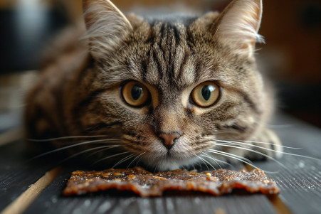 American Bobtail cat curiously looking at a strip of beef jerky on a wooden surface