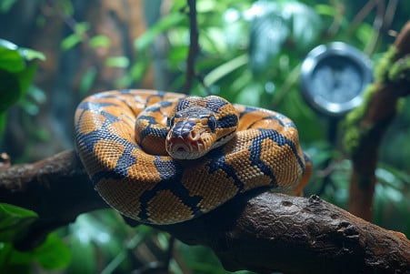 Ball Python curled on a branch in a terrarium with a digital hygrometer showing ideal humidity