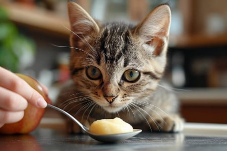 Silver tabby cat examining a small spoonful of applesauce on a kitchen countertop