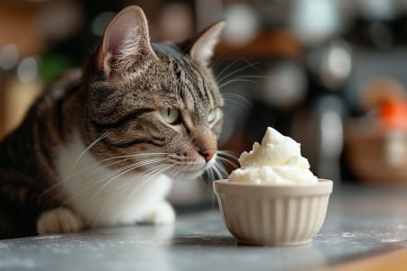 Silver tabby cat cautiously sniffing a dollop of whipped cream on a clean kitchen counter