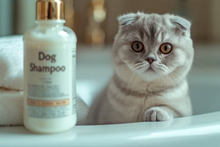 Small grey Scottish Fold cat sitting puzzled beside a bottle of dog shampoo in a minimalistic bathroom