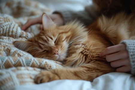 Golden Maine Coon cat lying on a bed being petted by human hands, highlighting close human-pet interaction