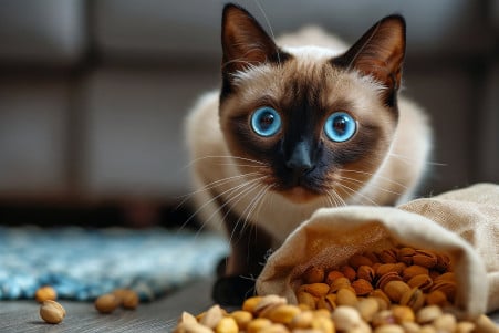Siamese cat with blue eyes cautiously inspecting an open bag of pistachios on the floor
