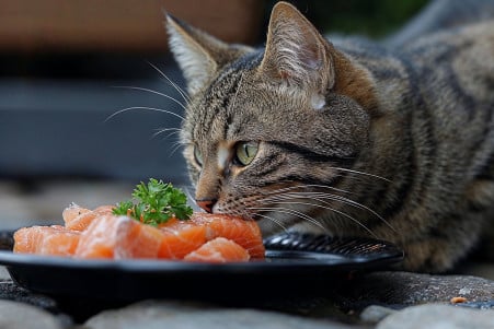 A domestic cat sniffing a small piece of salmon on a plate with curiosity
