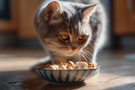 Silver-shaded British Shorthair cat sniffing a bowl of mushrooms on a contemporary kitchen floor