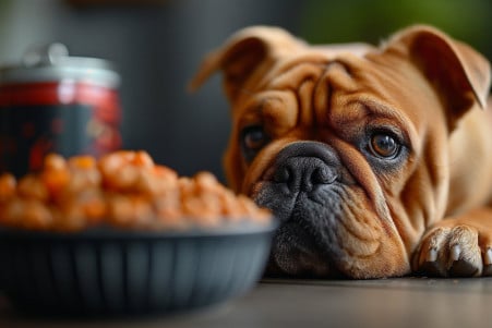 Intrigued Bulldog sniffing a bowl of refried beans with a can on the table
