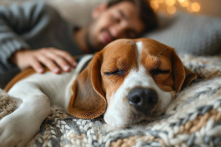 Beagle sleeping with its bum facing the camera, owner smiling and patting it, in a cozy room with warm lighting