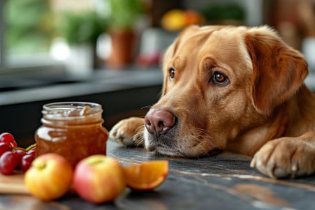 Labrador Retriever looking curiously at an open jar of jelly on the counter with fruit beside it