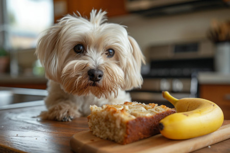 Dog looking longingly at banana bread on a table with a banana suggesting an alternative