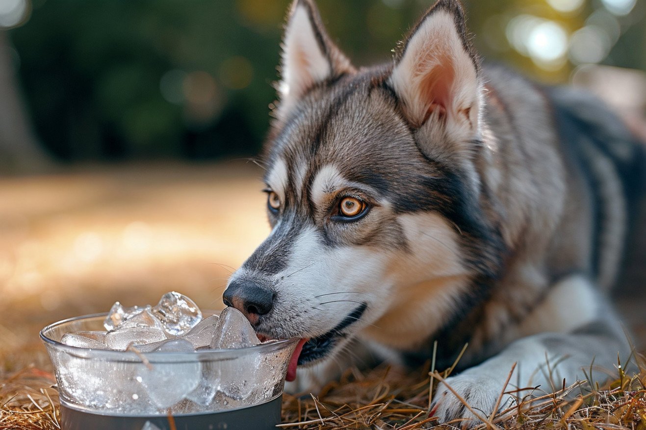 Siberian Husky with its tongue out licking a bowl of ice, looking stunned, in a sunny park