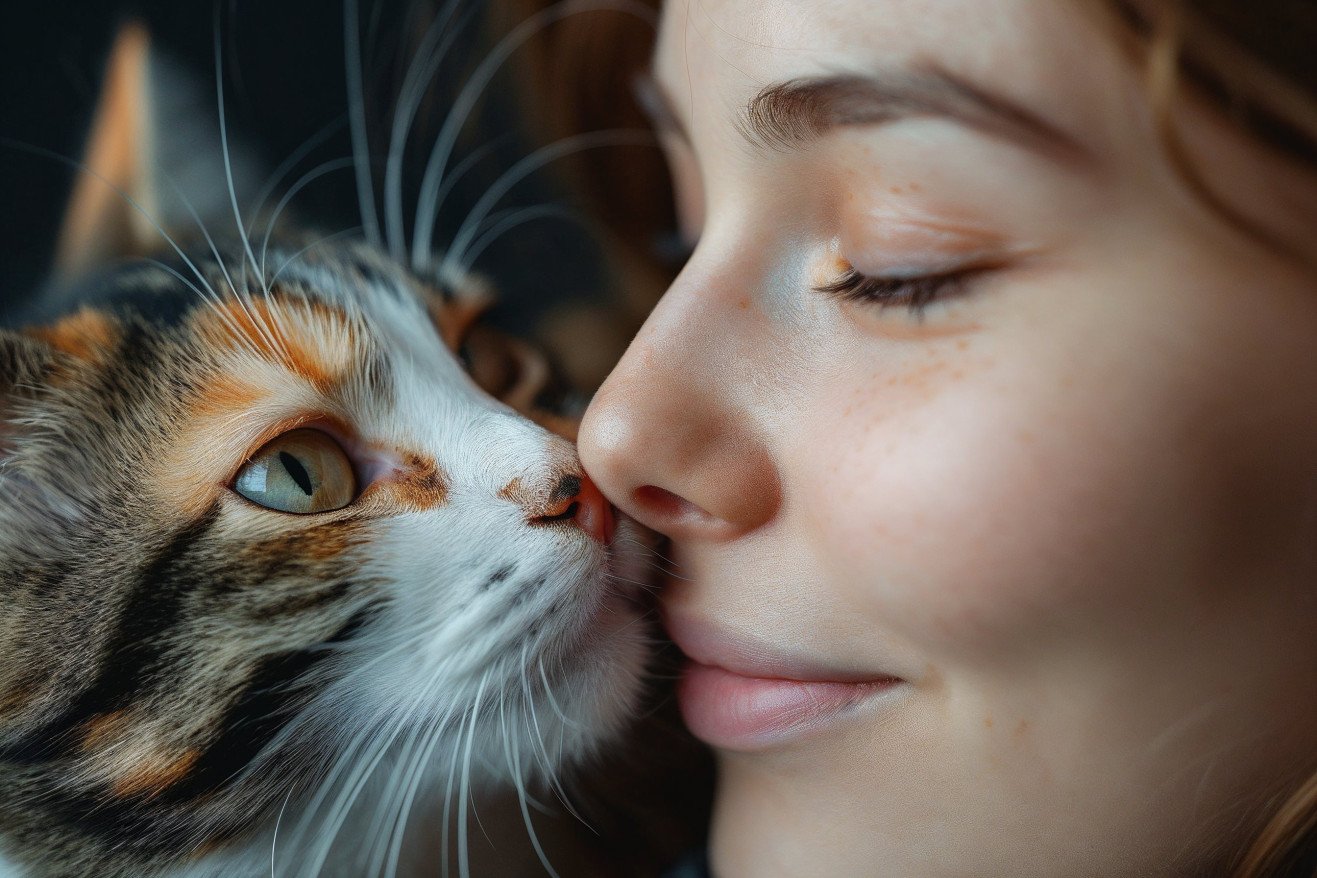 Calico cat gently licking its owner's hair strands, displaying a common feline behavior