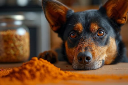Concerned dog looking at spilled paprika on a kitchen countertop, emphasizing spice safety for pets