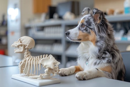 Australian Shepherd sitting beside a diagram of canine skeletal structure in a veterinary clinic