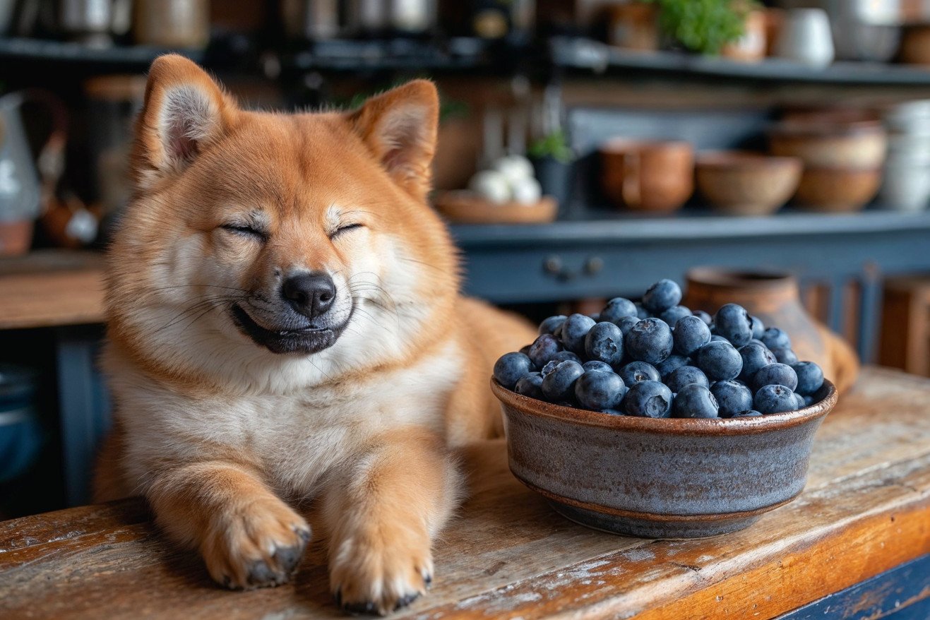 Happy dog with a small bowl of blueberries in a sunny kitchen, with focus on the dog and blueberries