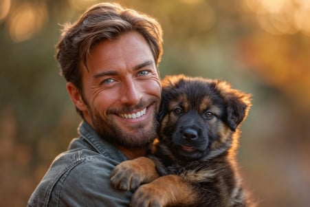Handsome man smiling and holding a cute puppy in a park, portraying a relaxed and friendly vibe