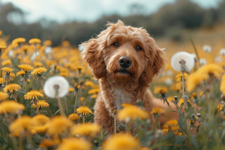 Curious Goldendoodle inspecting dandelions in a sunny meadow, symbolizing natural canine health
