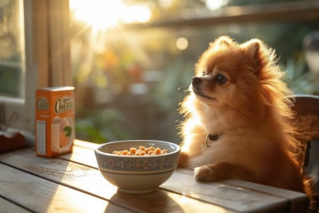 Small fluffy orange Pomeranian sitting at a breakfast table with Honey Nut Cheerios in a bowl, looking curious