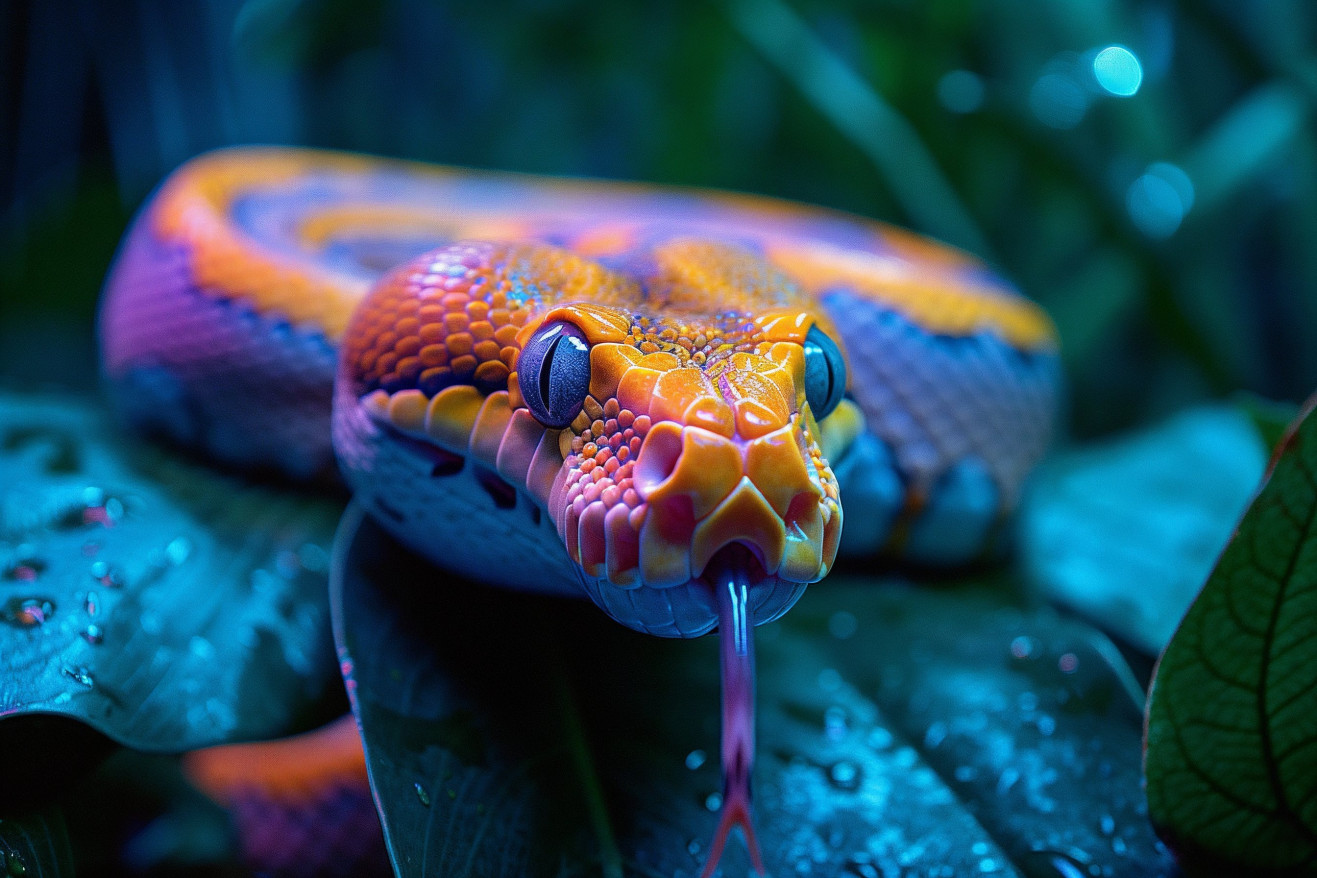 Ball Python exploring a twilight garden, with a focus on its head and tongue in soft lighting