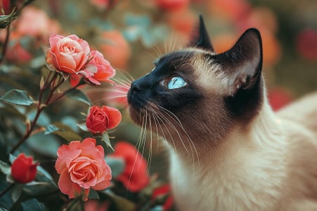 Curious Siamese cat sniffing a blooming rose bush, with a focus on the pet-safe environment
