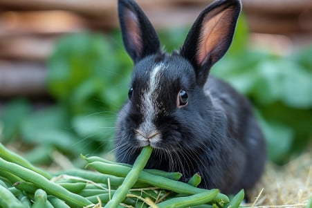 Black rabbit with white markings eating a green bean on hay with a blurred hutch background