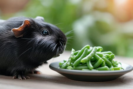 Cheerful black guinea pig sniffing fresh green beans on a ceramic plate, indoor setting with natural lighting