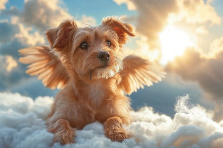 Dog with angel wings sitting peacefully on a cloud, symbolizing heaven