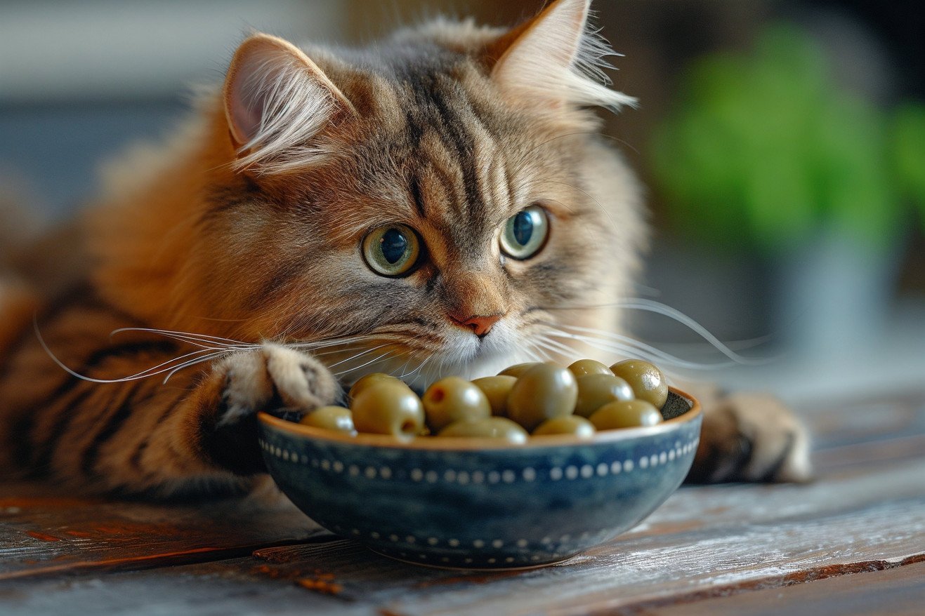 Playful cat pawing at a bowl of green olives on a well-lit wooden kitchen table
