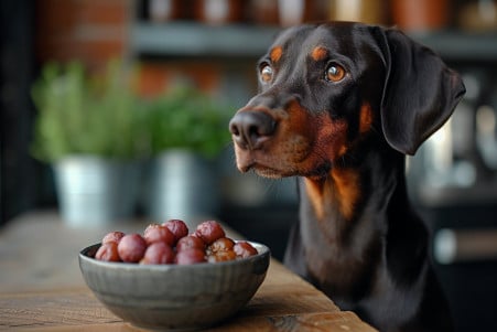 Doberman Pinscher puzzled by a bowl of prunes in a kitchen as the owner removes it
