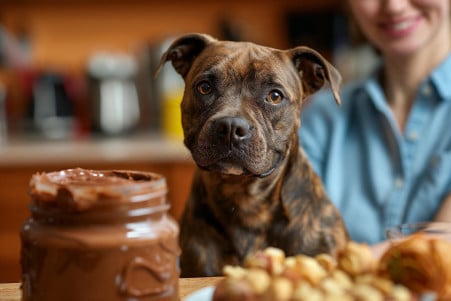Responsible pet owner keeping a jar of Nutella away from an eager Staffordshire Bull Terrier in a kitchen