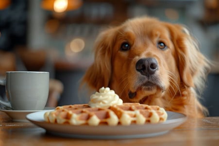 Golden Retriever sitting at a dining table, looking hopefully at a plate of waffles with whipped cream