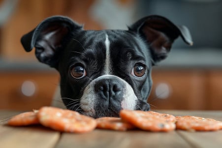 Small black and white Boston Terrier looking skeptically at slices of Spam on a kitchen table