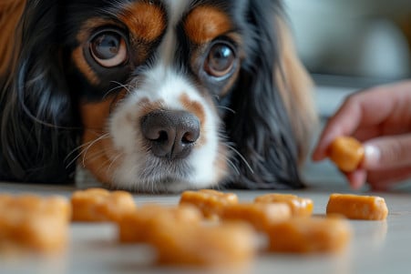 Tricolor Cavalier King Charles Spaniel looking at caramel candy being put away by owner in a modern kitchen