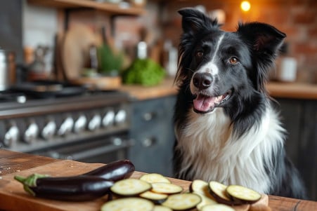 Attentive Border Collie sitting by a chopping board with sliced eggplant in a bright kitchen