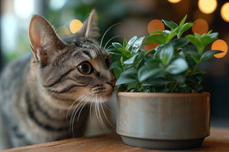 Tabby cat with marbled patterns cautiously sniffing a ZZ plant in a home setting