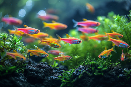 Vibrant 20-gallon fish tank with neon tetras, guppies, and a bristlenose plecostomus among live plants