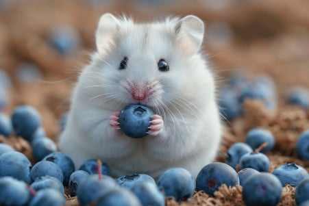 White hamster sitting with blueberries on bedding inside a comfortable cage