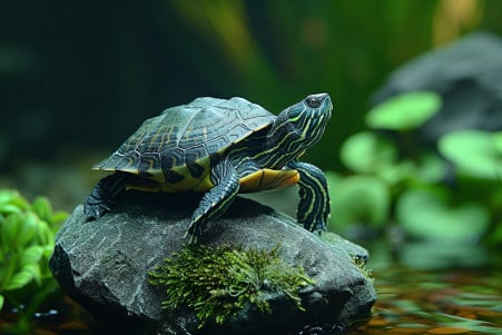 Wise-looking turtle with green shell sitting on a rock in a tranquil pond, surrounded by aquatic plants