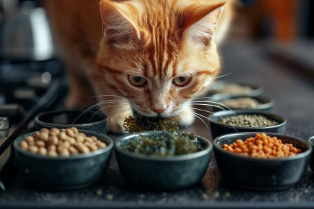 Orange cat nibbling on dried seaweed on a modern kitchen counter with bowls of cat food