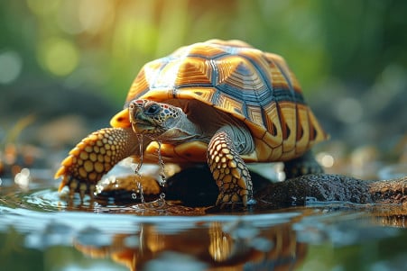 Tortoise with a domed shell cautiously reaching to drink from a shallow pool, in a natural setting with rocks and grass