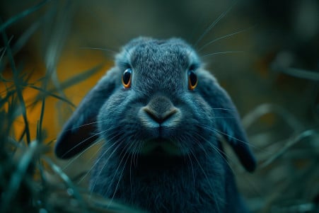 Grey lop-eared rabbit with bright eyes, alert in a dimly lit dusk setting
