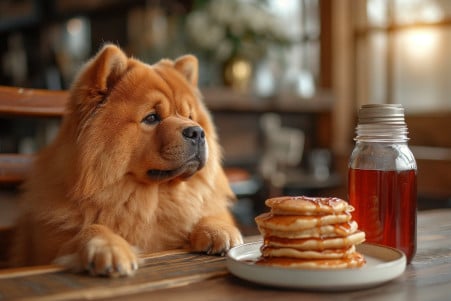 Chow Chow dog sitting at a dining table, looking at a plate of pancakes with syrup in soft morning light