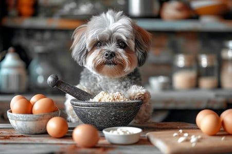 Shih Tzu observing the process of grinding eggshells into powder on a kitchen countertop