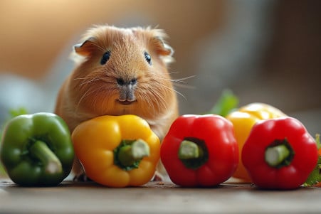 Cheerful Abyssinian Guinea Pig examining slices of red, yellow, and green bell peppers on a wooden surface