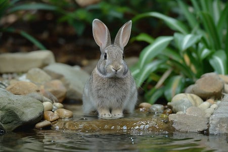 Curious grey Flemish Giant rabbit observing a shallow pond in a green outdoor setting